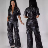 PU Leather Half Sleeve Jumpsuit GHXF-HX0428