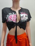 Plus Size Casual Print Short Sleeve Tie Up Tops GHXF-TY046