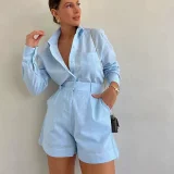 Solid Color Long Sleeve Shirt Short Set GTJR-RC3251