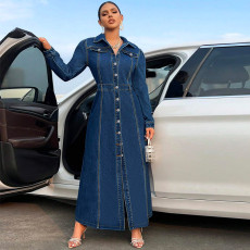 Long Sleeve Single Breasted Denim Maxi Dress GDAM-218627