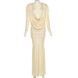 Long Sleeve Pleated Patchwork Maxi Dress GZJQ-K25D82048