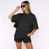 Short Sleeve Solid Two Piece Shorts Set SSNF-211299