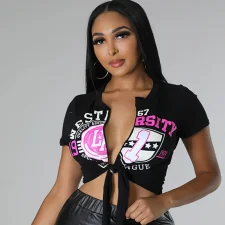 Plus Size Casual Print Short Sleeve Tie Up Tops GHXF-TY046