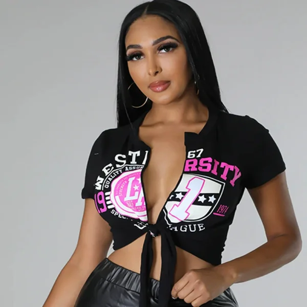 Plus Size Casual Print Short Sleeve Tie Up Tops GHXF-TY046