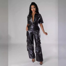 PU Leather Half Sleeve Jumpsuit GHXF-HX0428