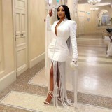 Deep V Neck Long Sleeve Tassel Mini Dress GHXF-HX0203