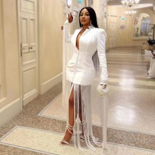 Deep V Neck Long Sleeve Tassel Mini Dress GHXF-HX0203