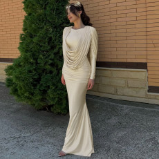 Long Sleeve Pleated Patchwork Maxi Dress GZJQ-K25D82048