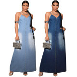 Plus Size Fashion Denim Sling Maxi Dress GDAM-218529