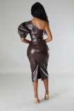 Plus Size Slash Shoudler PU Leather Bodycon Dress GHXF-HX0365