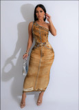 Print Slash Shoulder Long Dress GTJR-RC3239