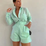 Solid Color Long Sleeve Shirt Short Set GTJR-RC3251