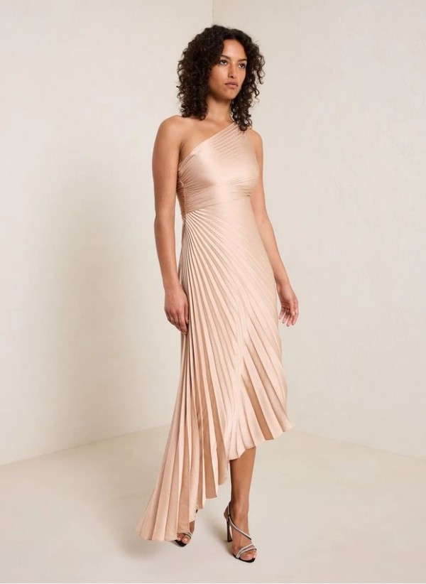 Single Shoulder Pleated Satin Midi Dress GTJR-RC3125