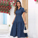 Plus Size Short Sleeve Lapel Denim Maxi Dress GDAM-218510