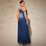 Plus Size Fashion Denim Sling Maxi Dress GDAM-218529