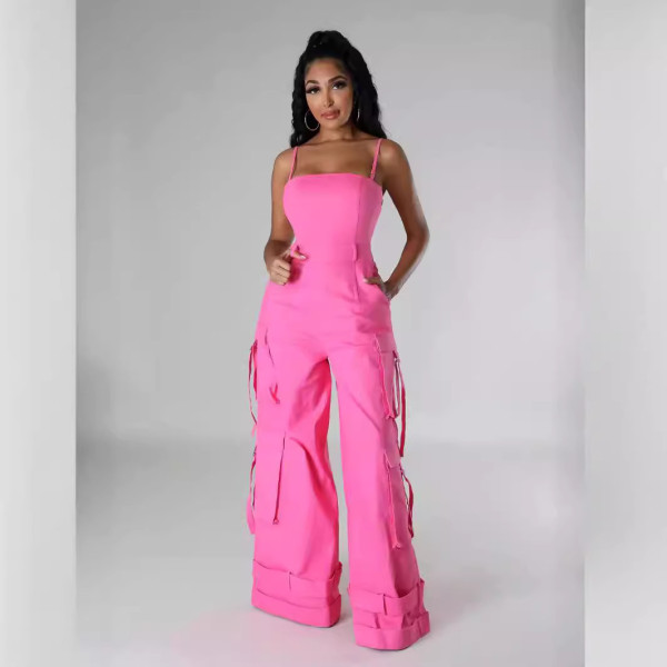 Plus Size Solid Color Multi-pockets Sling Jumpsuit GHXF-HX0411