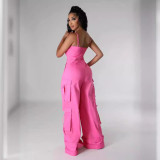Plus Size Solid Color Multi-pockets Sling Jumpsuit GHXF-HX0411