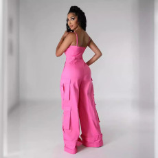 Plus Size Solid Color Multi-pockets Sling Jumpsuit GHXF-HX0411