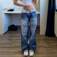 Irregular Print Washed Straight Jeans GQLF-6008