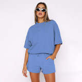 Short Sleeve Solid Two Piece Shorts Set SSNF-211299