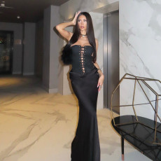 Sexy Wrap Chest Solid Tie Up Maxi Dress GZJQ-K25D82056