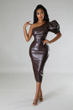 Plus Size Slash Shoudler PU Leather Bodycon Dress GHXF-HX0365