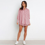 Stripe Long Sleeve Shirt Two Piece Shorts Set SSNF-211032