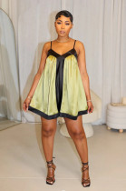V Neck Color Block Satin Patchwork Mini Dress GTJR-RC3329