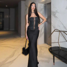 Sexy Wrap Chest Solid Tie Up Maxi Dress GZJQ-K25D82056