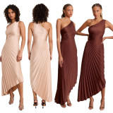 Single Shoulder Pleated Satin Midi Dress GTJR-RC3125