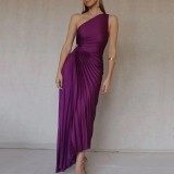 Single Shoulder Slash Neck Pleated Long Dress GTJR-RC3162