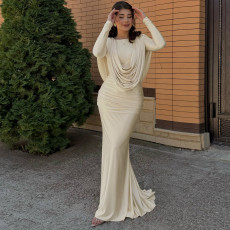 Long Sleeve Pleated Patchwork Maxi Dress GZJQ-K25D82048