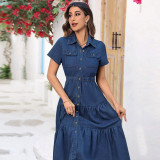 Plus Size Short Sleeve Lapel Denim Maxi Dress GDAM-218510