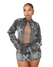 Fashion Denim Zipper Jackets Two Piece Skirts Set GQLF-8505