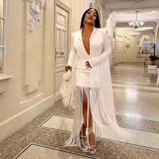 Deep V Neck Long Sleeve Tassel Mini Dress GHXF-HX0203