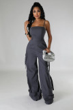 Plus Size Solid Color Multi-pockets Sling Jumpsuit GHXF-HX0411