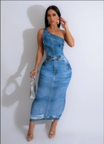 Print Slash Shoulder Long Dress GTJR-RC3239