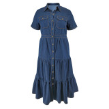Plus Size Short Sleeve Lapel Denim Maxi Dress GDAM-218510