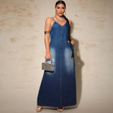 Plus Size Fashion Denim Sling Maxi Dress GDAM-218529