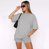 Short Sleeve Solid Two Piece Shorts Set SSNF-211299