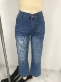 Irregular Print Washed Straight Jeans GQLF-6008