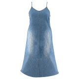 Plus Size Fashion Denim Sling Maxi Dress GDAM-218529