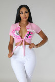 Plus Size Casual Print Short Sleeve Tie Up Tops GHXF-TY046