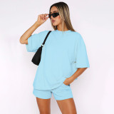 Short Sleeve Solid Two Piece Shorts Set SSNF-211299