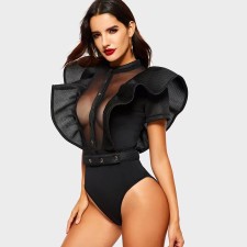Plus Size Ruffles Sleeve Short Sleeve Bodysuit GHXF-HX0255