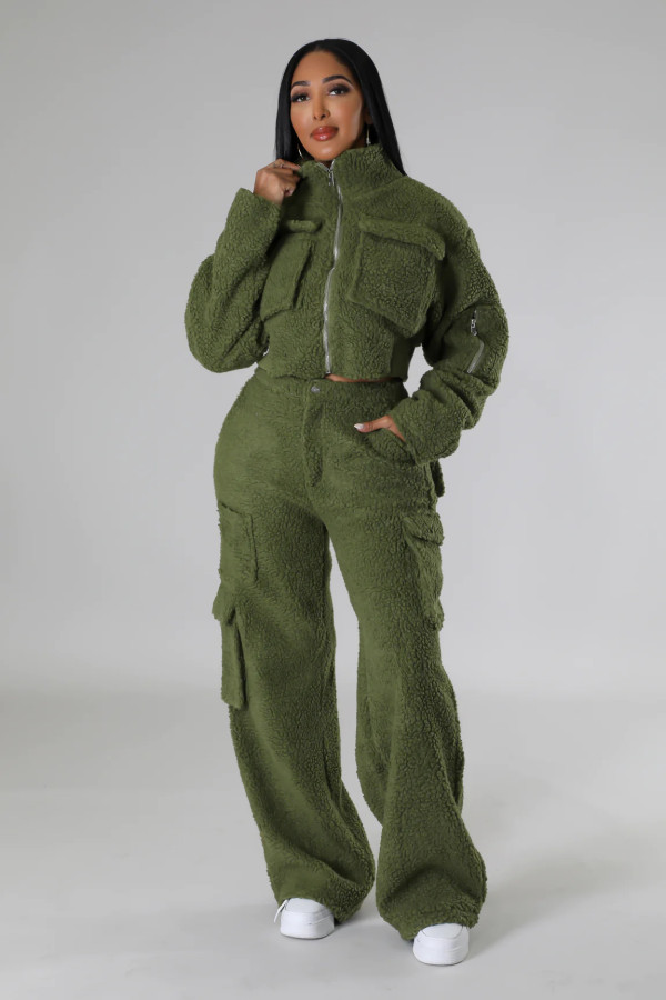 Plus Size Lamb Fleece Long Sleeve Warm Pants Suit GHXF-HX0373
