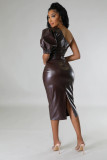 Plus Size Slash Shoudler PU Leather Bodycon Dress GHXF-HX0365