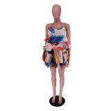 Layered Print Fishbone Halter Mini Dress GTJR-RC3168