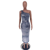 Print Slash Shoulder Long Dress GTJR-RC3239