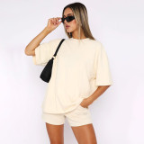 Short Sleeve Solid Two Piece Shorts Set SSNF-211299